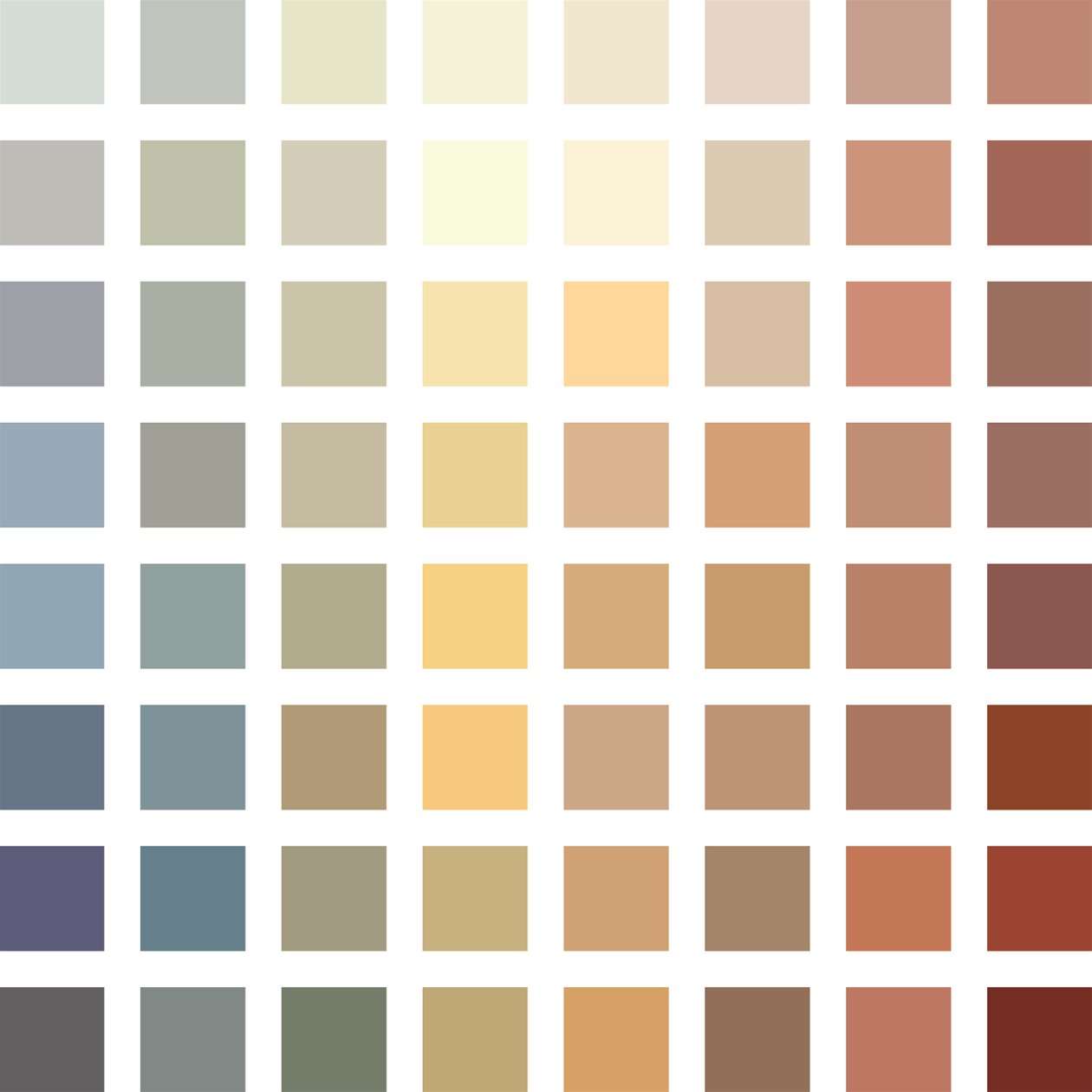 Fargepaletten som viser alle fargene som kvadratiske ruter på hvit bakgrunn. Illustrasjon.